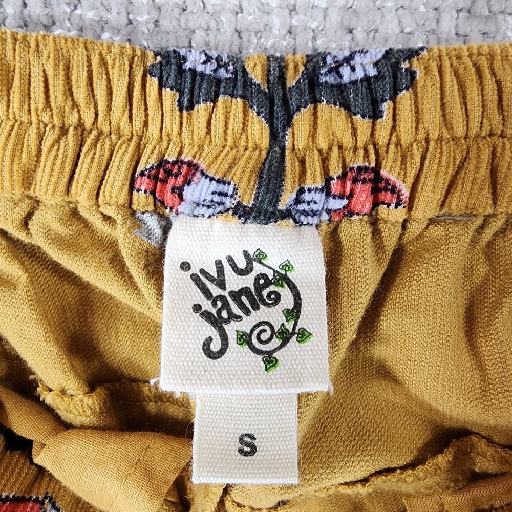 Ivy Jane Floral Print Corduroy Pants Womens S Gold Cropped Wide Leg Pullon EUC - Picture 10 of 11